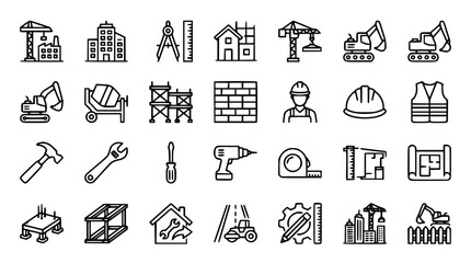 Civil engineering and residential home construction thin line icon set featuring heavy machinery architectural tools and building equipment vectors © AlviAhmed
