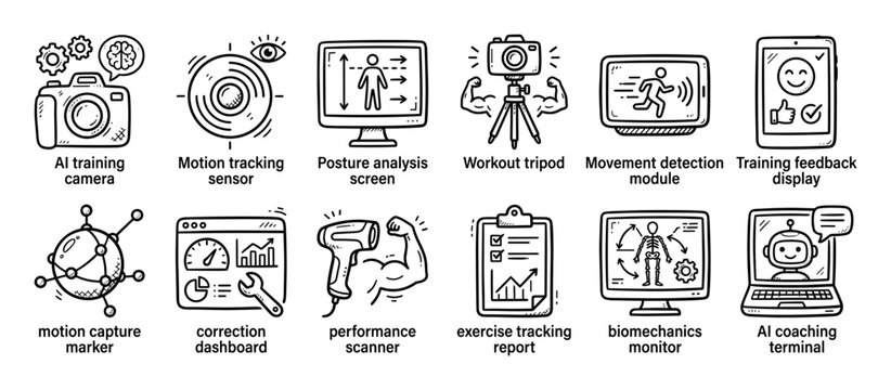 Hand-drawn doodle icon set of AI fitness technology for workout tracking, motion capture, posture analysis, and performance monitoring, illustrated in a simple black and white sketch style