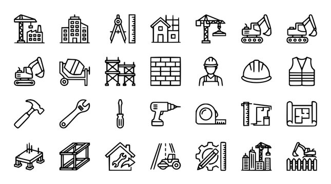 Civil engineering and residential home construction thin line icon set featuring heavy machinery architectural tools and building equipment vectors