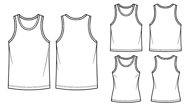 Blank tank top mockup flat sketch vector illustration set featuring front and back views for apparel technical designv