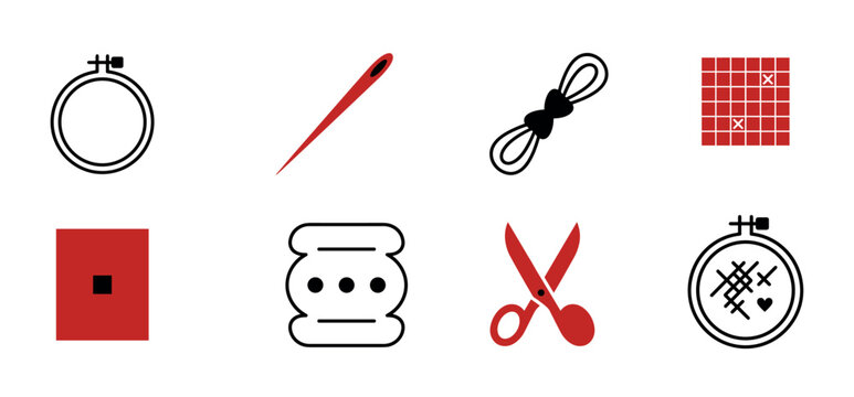 Set of eight cross-stitch and embroidery icons in a minimalist style showing a hoop, needle, floss, scissors, bobbin, and fabric pattern in red and black
