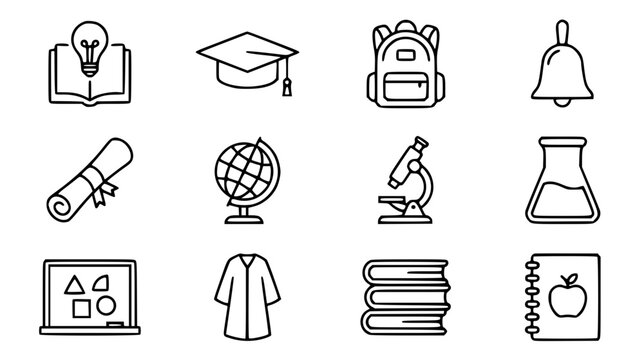 Education and back to school line icon set featuring graduation cap backpack microscope books diploma globe and blackboard vectors