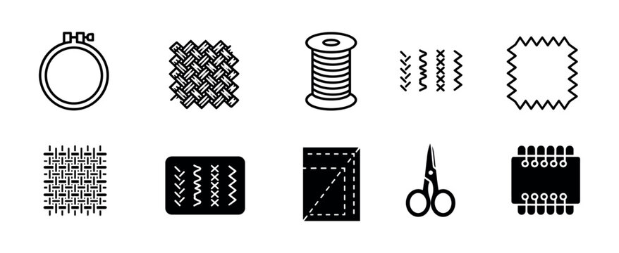 Set of black sewing and needlework icons featuring an embroidery hoop, thread spool, scissors, fabric swatches, and various stitch patterns in a minimalist glyph style collection