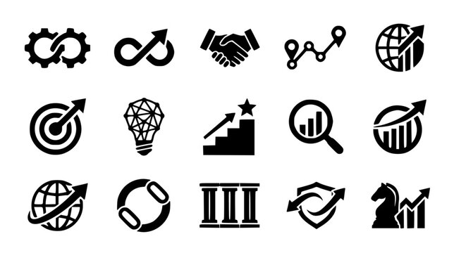 Business growth and strategic development solid icons set for corporate success marketing analytics financial planning graphics