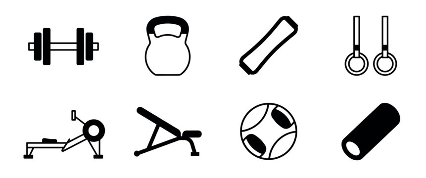 Set of gym equipment icons in a minimalist black and white style featuring a dumbbell, kettlebell, rowing machine, bench, and other fitness accessories for workout concepts