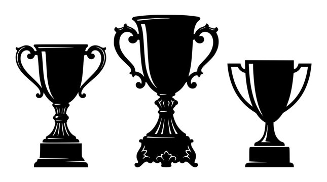 Golden award trophy cups black vector silhouette set featuring detailed prize graphics for first second and third place winners