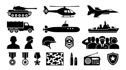 Armed forces and national defense military silhouette icon set with army tank helicopter jet truck submarine warship soldier medals ammunition © AlviAhmed