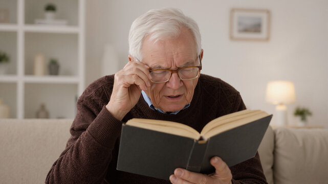 Elderly man reading book with difficulty while wearing eyeglasses. Senior citizen struggling with blurry vision and poor eyesight. Ophthalmology and health care concept for vision trouble.
