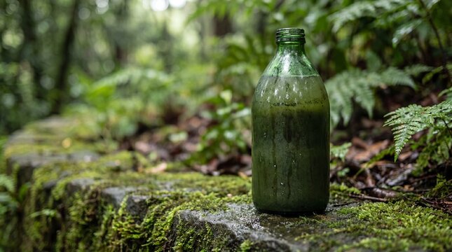 Sweating glass bottle of green elixir on mossy stone wall in humid forest
