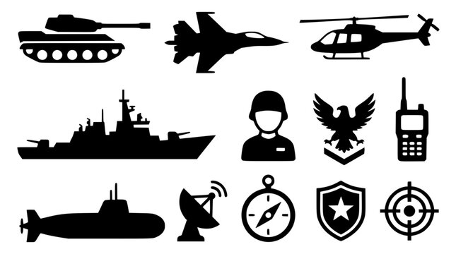 Military and defense warfare silhouette icon set including tank fighter jet helicopter navy battleship submarine soldier and tactical equipment