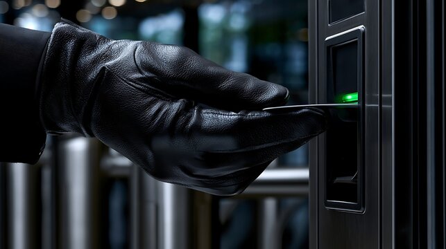 Close-up of security guard hands in black uniform gloves holding access card against electronic reader