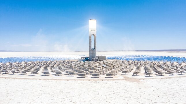Concentrating solar power tower generating clean energy in desert salt flat