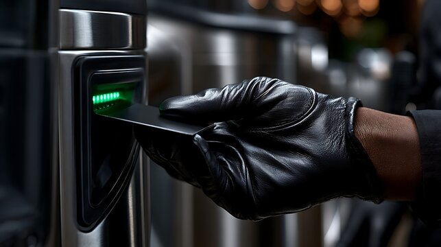 Close-up of security guard hands in black uniform gloves holding access card against electronic reader
