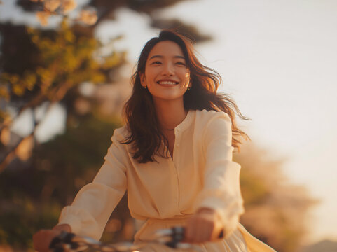 Delighted young East Asian lady in pale yellow flowy blouse cycles outdoors at golden hour, sunlight gilds her fluttering long hair amid softly blurred warm-toned green trees in background.