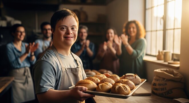 Smiling young man with Down syndrome holding tray of fresh baked bread loaves while community applauds, inclusive bakery workplace concept, horizontal