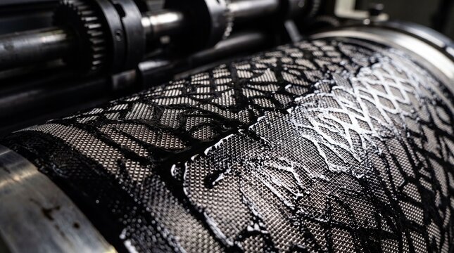Industrial risograph printing drum showing black ink on a textured master screen