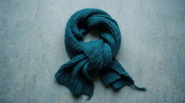 Knitted Teal Scarf Tied in a Knot on a Textured Background.