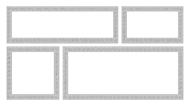 Set of four rectangular and square frames with greek key pattern, meander border, isolated on white background transparent background