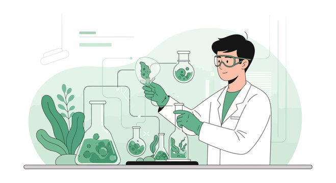 Scientist working with chemical equipment, illustration, science, laboratory, research