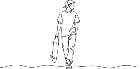 Continuous line drawing of a man walking with skateboard © Sumon90cs