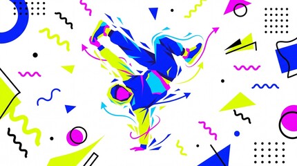 Obraz premium Dynamic breakdancer performing one-hand freeze in geometric memphis vector illustration
