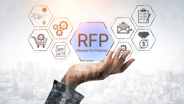 Hand Reaching for Digital RFP Icons with Various Symbols Representing Business, Technology, Commerce, and Communication in a Modern Urban Landscape. Bitwise.