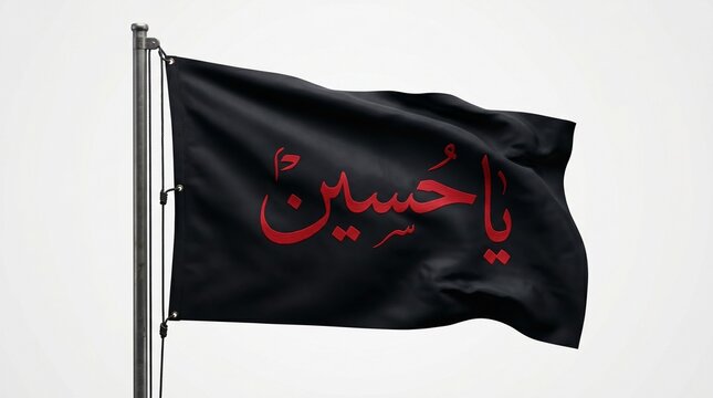 &ldquo;Minimalist black flag with red Arabic text &lsquo;Ya Hussain&rsquo; waving on pole against plain white background, symbolizing mourning, remembrance, and cultural devotion&hellip;&rdquo;