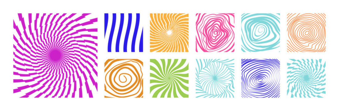 Abstract Swirl and Spiral Line Elements Collection with Wavy Geometric Patterns, Twisted Contour Shapes, Optical Illusion Backgrounds and Modern Decorative Design Elements