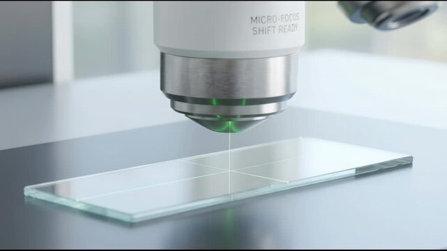 Microscope lens focusing laser beam on glass slide. Scientific equipment performing precision analysis. Laboratory instrument for biological research and testing.