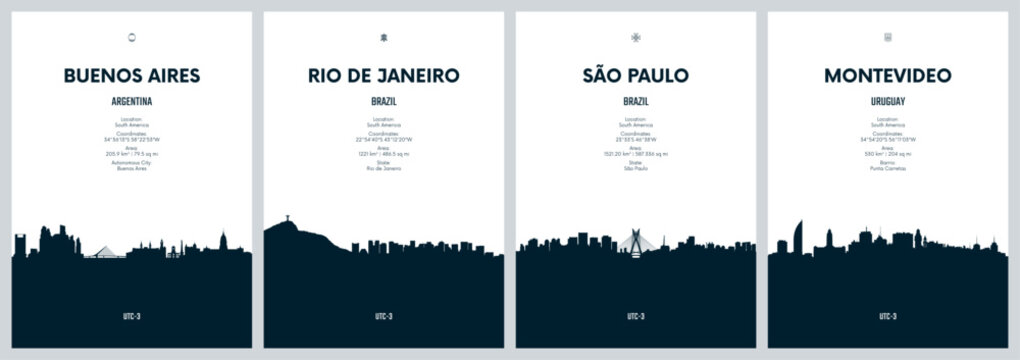 Set of travel posters with city skylines Buenos Aires, Rio de Janeiro, Sao Paulo, Montevideo, Detailed minimalistic panorama of the urban silhouette, Black and white printable artwork, vector graphic