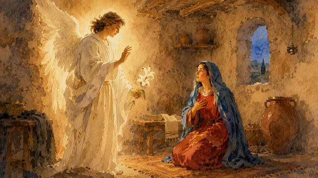 Archangel Gabriel appearing to virgin Mary with lily flower. Religious annunciation scene in home. illustration for Christian holiday, faith, and gospel story.