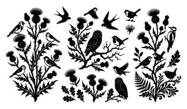Forest bird and thistle botanical silhouette vector set decorative wildlife artwork isolated on white