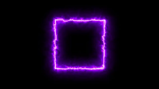 Futuristic mauve neon rectangle frame animation with fluid light smoke, abstract purple geometric energy border element isolated on black 4K