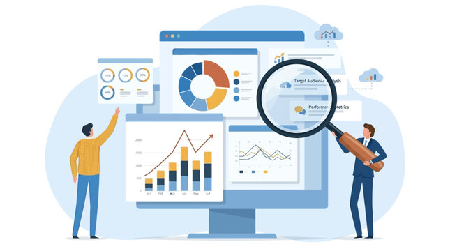 Business data analysis and market research flat vector illustration with tiny people and dashboard elements