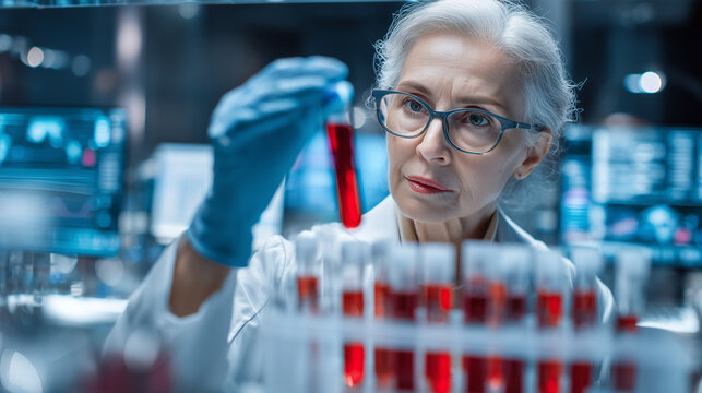 Blood test tubes with senior female scientist examining blood test tubes at her laboratory for DNA testing. A professional, mature female microbiologist around 60 years old with gr