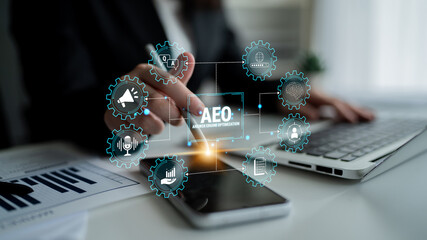Obraz premium Businessperson Interacting with Digital Interface, Analyzing Data and Strategies for Business Growth and Development in Modern Workspace. Glyphic.