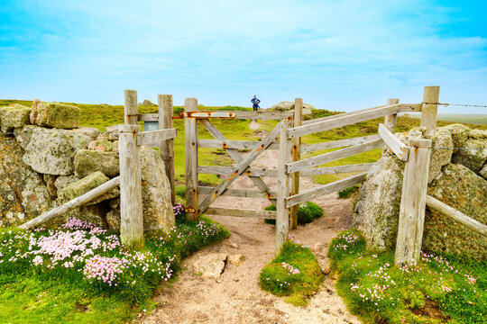 View of a rustic wooden gate and stone wall with pink wildflowers on a coastal path near Nanjizal Bay Saint Just, England, United Kingdom.