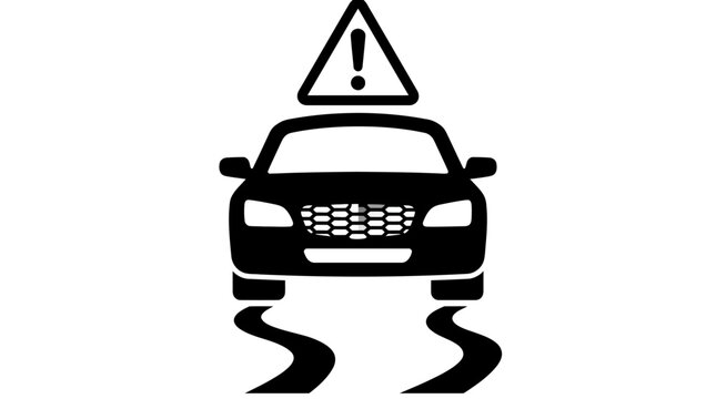 Car skid warning icon on slippery road surface with hazard alert triangle symbol for automotive safety and traction control awareness
