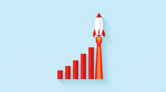 White and red rocket launching from ascending red bar graph on blue background image