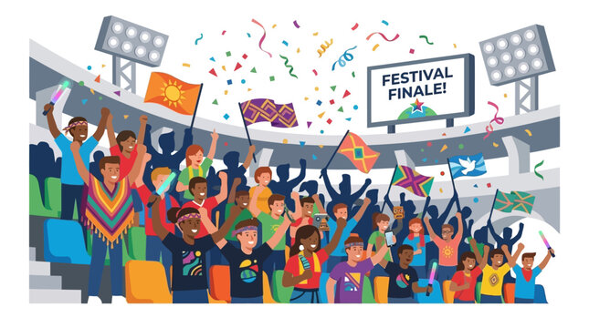 Jubilant Crowd Celebrates a Vibrant Festival Finale with Confetti and Cheers in a Lively Stadium Atmosphere