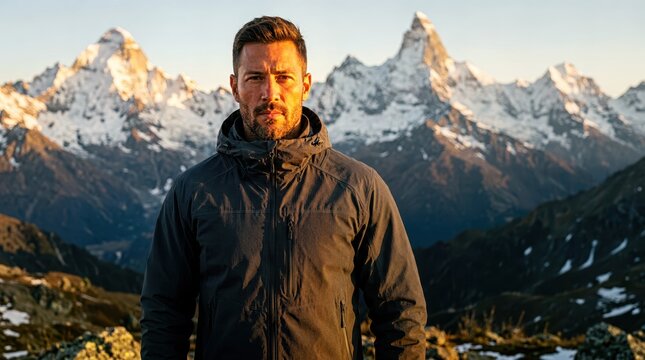 Rugged male model stands centered in a mountainous alpine environment, wearing a high-performance charcoal technical jacket with visible ripstop fabric texture and reinforced stitching for