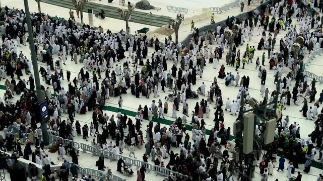 Makkah Sacred Islamic Pilgrimage Destination with Muslims Performing Tawaf Around Kaaba During Hajj and Umrah in Saudi Arabia Today