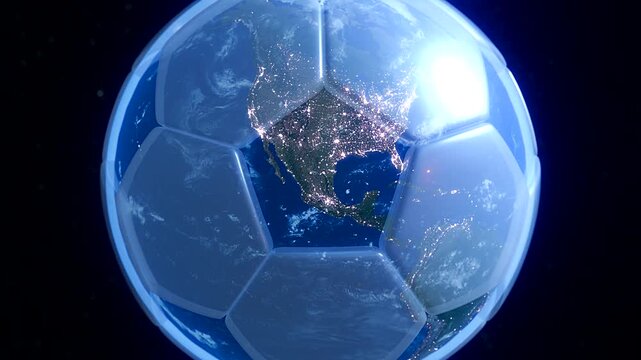 3D Soccer Ball to Earth Zoom Loop Animated Illuminating Pentagons Revealing Mexico Country on the globe in widescreen format