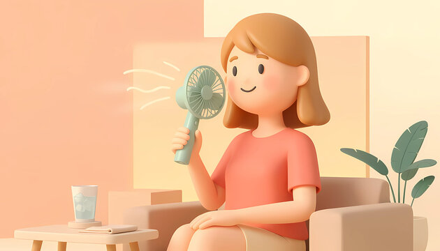 Cute 3D illustration of a woman using a portable fan indoors, staying cool during warm summer weather.