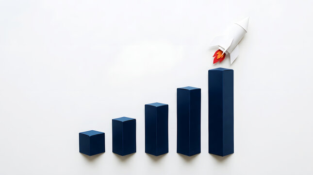 White paper rocket launching from dark blue bar graph on white background chart