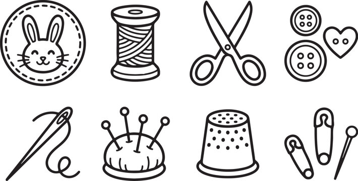 Vintage sewing tools and accessories icon set
