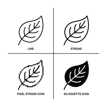 Four different styles of leaf icons in line stroke pixel and silhouette  four leaf icons