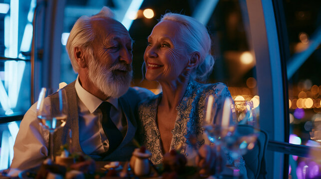 Elegant senior couple enjoying a romantic dinner date in a Ferris wheel cabin at night. Luxury travel, anniversary celebration and wealthy retirement lifestyle.