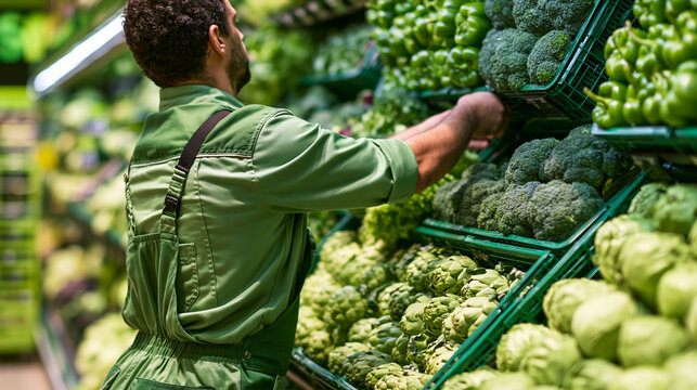 Supermarket worker in green uniform arranging fresh vegetables in the produce section. Grocery store employee stocking shelves with broccoli and artichokes