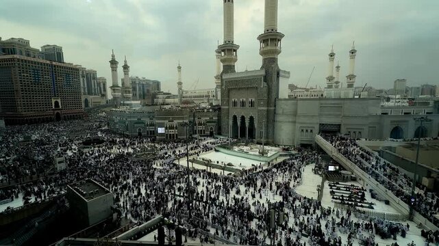 Makkah Sacred Islamic Pilgrimage Destination with Muslims Performing Tawaf Around Kaaba During Hajj and Umrah in Saudi Arabia Today